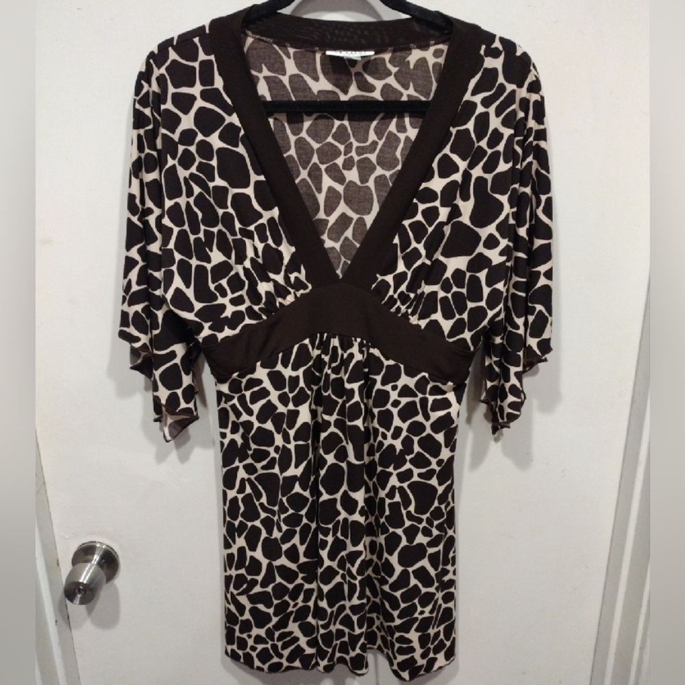 En Focus Studio Women's Slinky Babydoll Y2K V-Neck Tunic Top Sz 14-Animal Print